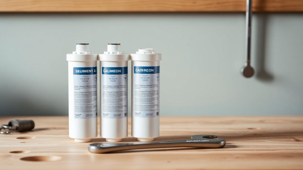 Three white sediment and carbon filter cartridges on a wooden workbench
