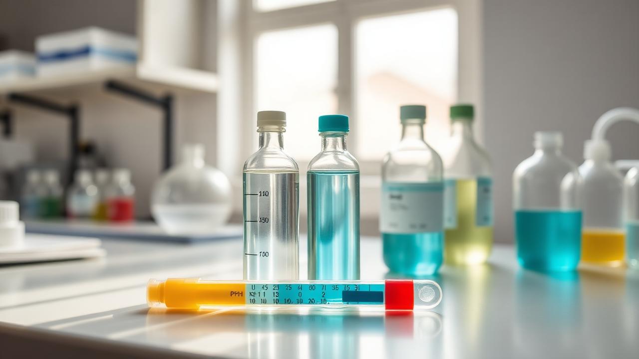 Water sample bottles and a pH test strip on a clean lab bench