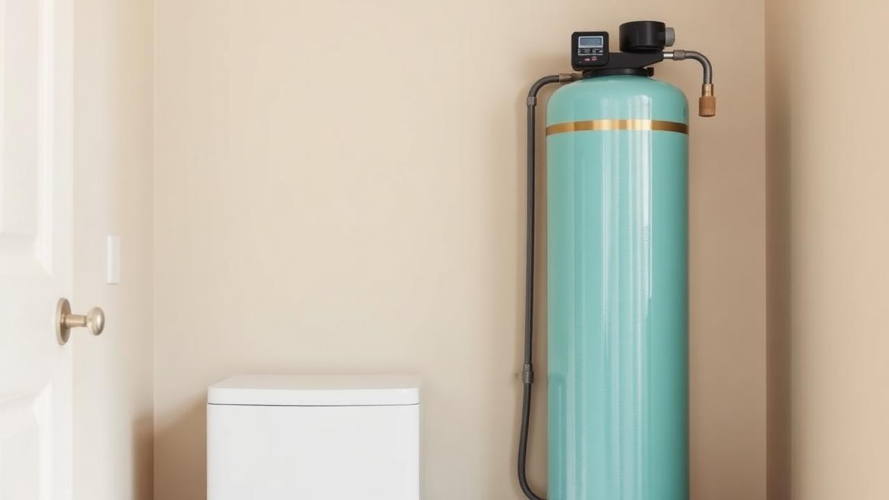 Whole-house carbon water filter tank installed in a residential utility room